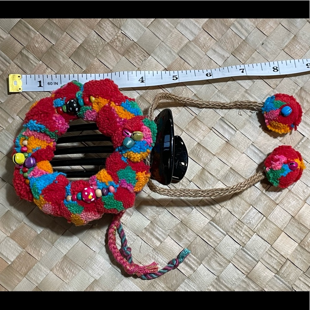 Large Hair Clip From Thailand With Hmong Tribe Pom Poms, Brand New